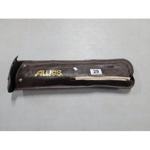 29 - Aulos three piece tenor recorder in good order complete with its original case.