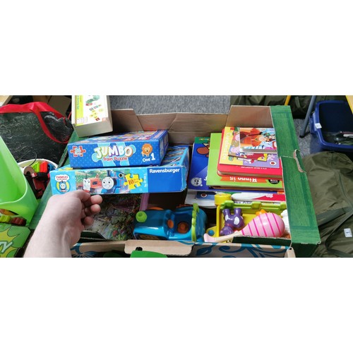 68 - 2 boxes containing a large quantity of various toys to include a Jaguar model car, Footie head ball ... 