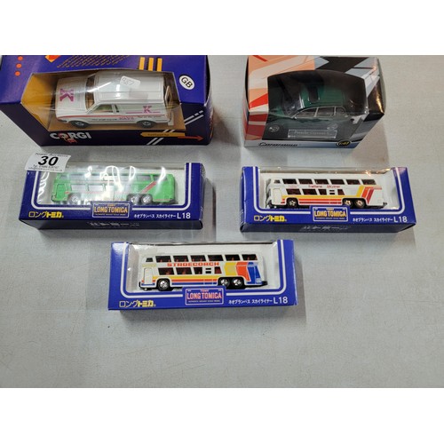 30 - 3x boxed Tomy Long Tomica busses along with a boxed Corgi Kays Catalogue van, a diecast boxed Porsch... 