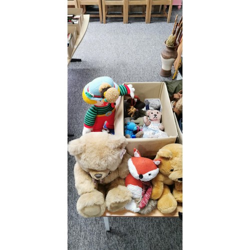 69 - 2 boxes full of soft toys teddy bears and dolls some of a vintage. Including a large Aurora teddy be... 