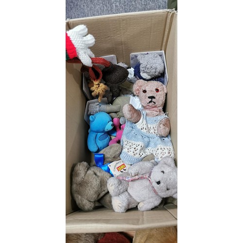 69 - 2 boxes full of soft toys teddy bears and dolls some of a vintage. Including a large Aurora teddy be... 