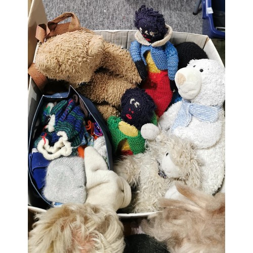 69 - 2 boxes full of soft toys teddy bears and dolls some of a vintage. Including a large Aurora teddy be... 