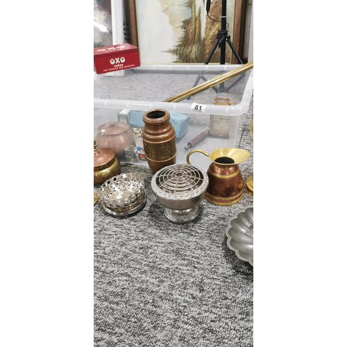 81 - A quantity of brass, copper and pewter and white metal items. To include adjustable candle holders w... 