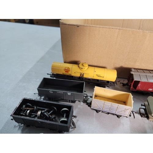 41 - Box containing a quantity of rolling stock inc Shell fuel tank, stock carriages, Esso, Dearne Valley... 