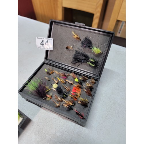 44 - 3x cases of hand made fly fishing flies of various sizes and colours, see pictures for details