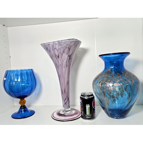 99 - 3x studio art glass items to include a large amethyst hand blown mottled glass vase, etc. Tallest it... 