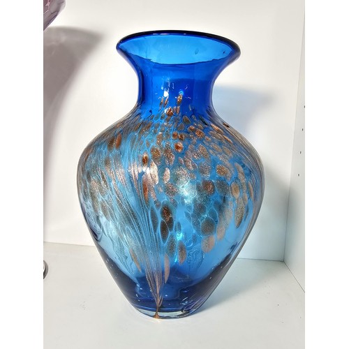 99 - 3x studio art glass items to include a large amethyst hand blown mottled glass vase, etc. Tallest it... 