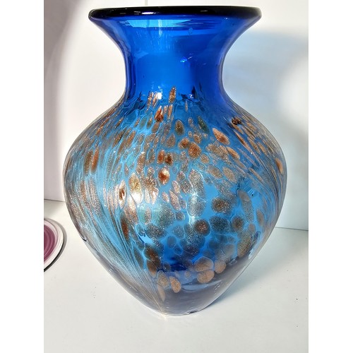 99 - 3x studio art glass items to include a large amethyst hand blown mottled glass vase, etc. Tallest it... 