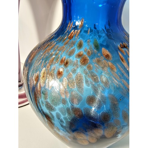 99 - 3x studio art glass items to include a large amethyst hand blown mottled glass vase, etc. Tallest it... 