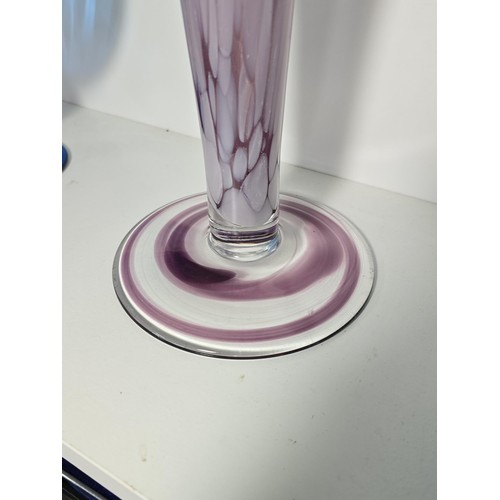 99 - 3x studio art glass items to include a large amethyst hand blown mottled glass vase, etc. Tallest it... 