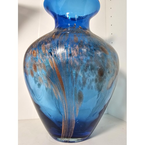 99 - 3x studio art glass items to include a large amethyst hand blown mottled glass vase, etc. Tallest it... 