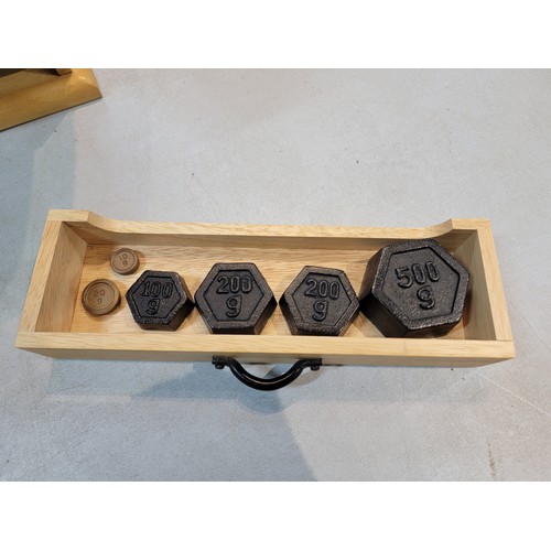 200 - Set of modern cast iron weighing scales by Salter, on a wooden plinth with drawer to the base, drawe... 