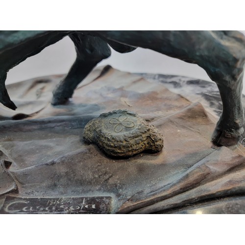 207 - Large bronze cast bull on a marble plinth very well executed depicting a fighting bull standing on a... 