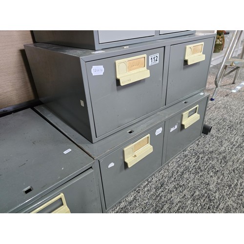 112 - A collection of 5x metal filing boxes, 3 being A4 size the other in A5 size. Largest box has a heigh... 