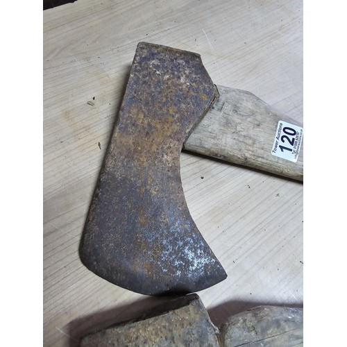 120 - 2 good vintage heavy duty axes, both complete with handles which are in good order, the axe heads ma... 