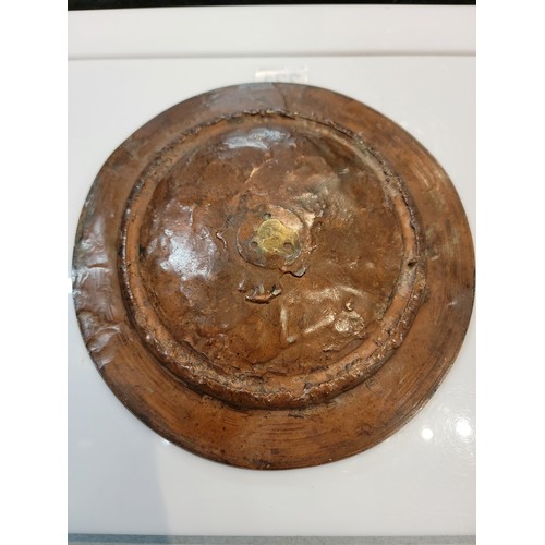 221 - Vintage metal dish with bronze effect depicting a hunting boar scene to the centre with horse relate... 