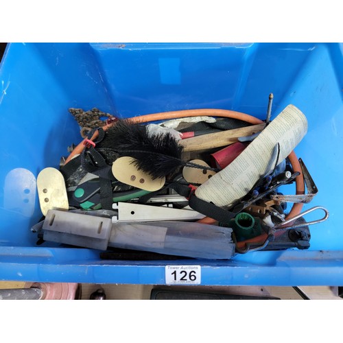 126 - Large blue crate containing a large quantity of shed odds inc hand held drill, sony portable radio, ... 