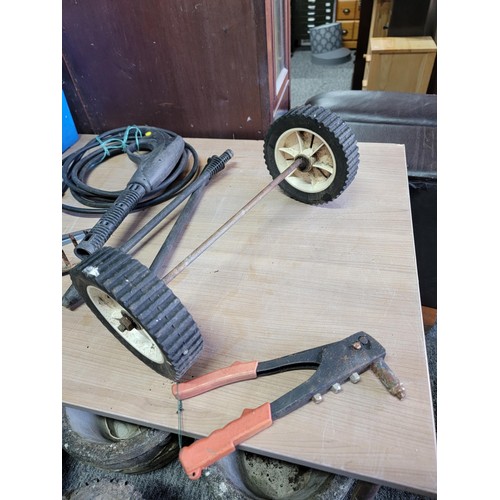 126 - Large blue crate containing a large quantity of shed odds inc hand held drill, sony portable radio, ... 