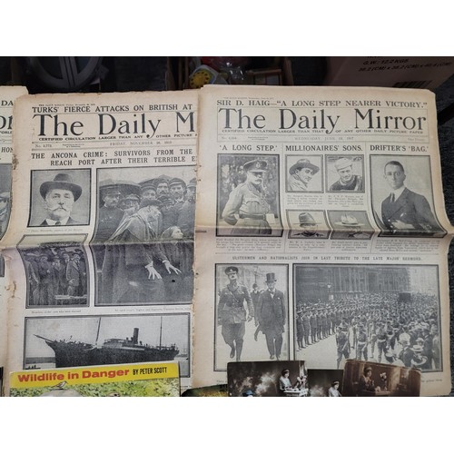 231 - A boxed full of interesting ephemera to include 4x original The Daily Mirror Newspapers from 1915 co... 