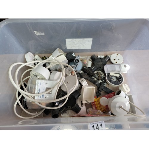 141 - 2x boxes of shed odds inc a large quantity of electrical items inc switches, light fittings, along w... 