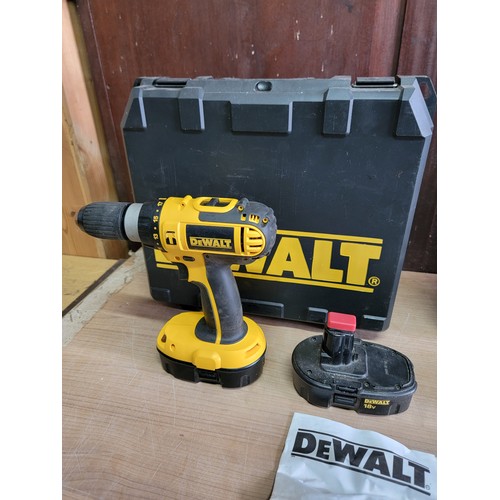 153 - 2x cased DeWalt cordless hammer drills with 2x spare batteries and 1x charge that fits both along wi... 