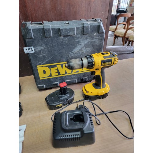 153 - 2x cased DeWalt cordless hammer drills with 2x spare batteries and 1x charge that fits both along wi... 