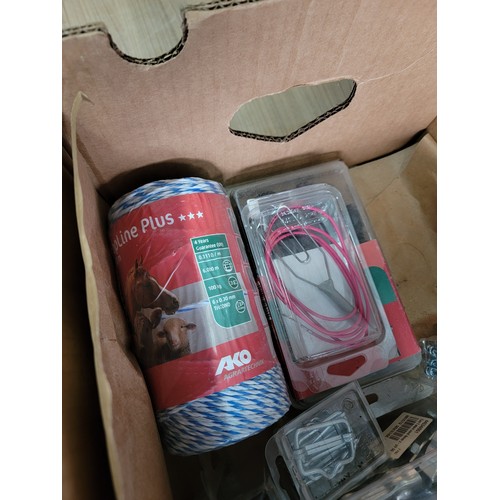 155 - Boxed containing a quantity of Ako electric fence equipment inc connectors, insulators, new and seal... 