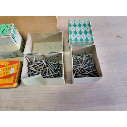 144 - Box containing a large quantity of boxed flat head screws of various sizes, see pictures for more de... 