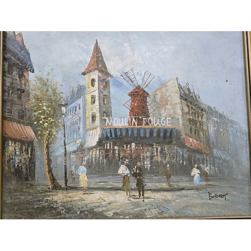 236 - Original oil on canvas of a parisian street scene featuring the Moulin Rouge signed by Caroline Burn... 