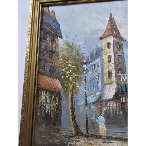 236 - Original oil on canvas of a parisian street scene featuring the Moulin Rouge signed by Caroline Burn... 