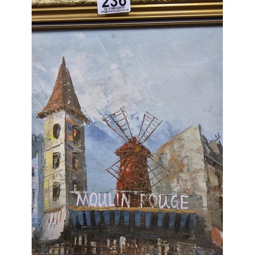 236 - Original oil on canvas of a parisian street scene featuring the Moulin Rouge signed by Caroline Burn... 