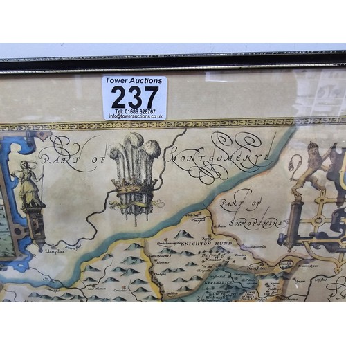 237 - Good framed and glazed antique map of the county of Radnor hand coloured dated 1610 but most likely ... 