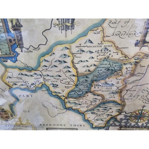 237 - Good framed and glazed antique map of the county of Radnor hand coloured dated 1610 but most likely ... 