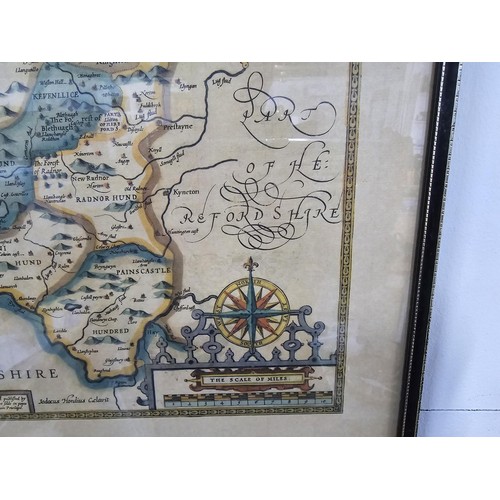 237 - Good framed and glazed antique map of the county of Radnor hand coloured dated 1610 but most likely ... 