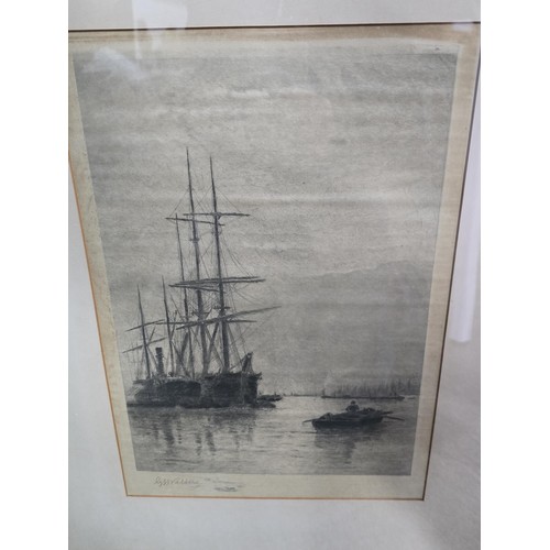 239 - 2x framed and glazed antique etchings of ship scenes both are pencil signed G.S.Walters (George Stan... 