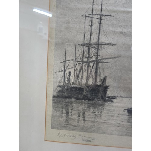 239 - 2x framed and glazed antique etchings of ship scenes both are pencil signed G.S.Walters (George Stan... 