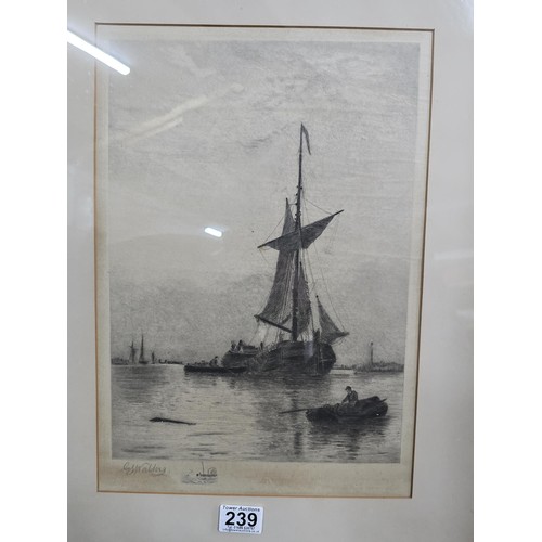 239 - 2x framed and glazed antique etchings of ship scenes both are pencil signed G.S.Walters (George Stan... 