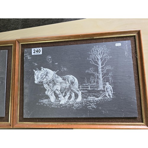 240 - 2x framed slates of engraved horse scenes along with a loose slate engraving of a horse scene