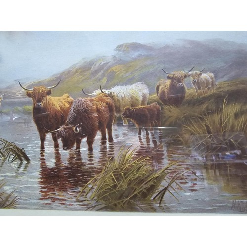 243 - Large gilt framed and glazed engraving 'Sunset in the Highlands' of a highland cattle scene from the... 