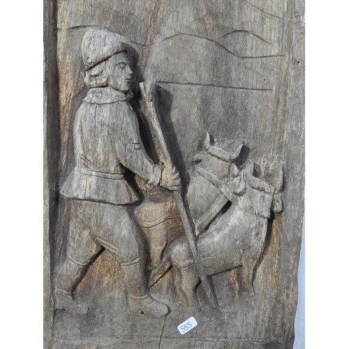 246 - An antique very old hand carved wooden panel Frieze, depicting an agricultural scene of a man leadin... 