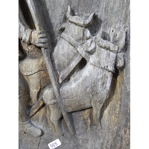 246 - An antique very old hand carved wooden panel Frieze, depicting an agricultural scene of a man leadin... 