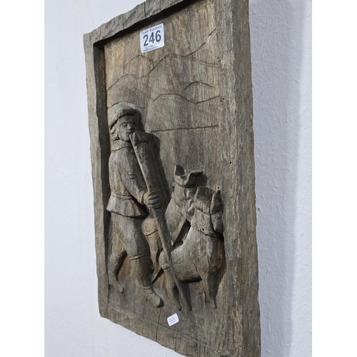 246 - An antique very old hand carved wooden panel Frieze, depicting an agricultural scene of a man leadin... 