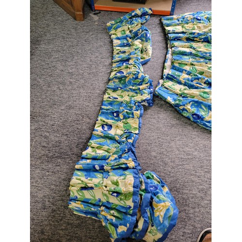 182 - Good quality pair of heavy duty lined curtains with a blue yellow and green multicoloured pattern, c... 