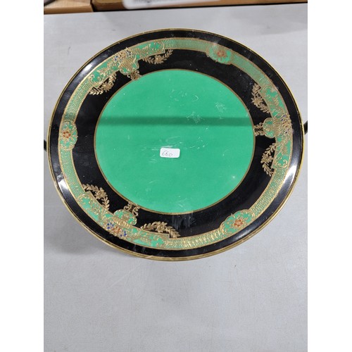 365 - Good quality silver plated cake stand containing two hand decorated Noritake plates in green with gi... 