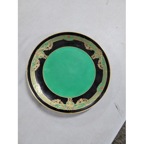 365 - Good quality silver plated cake stand containing two hand decorated Noritake plates in green with gi... 