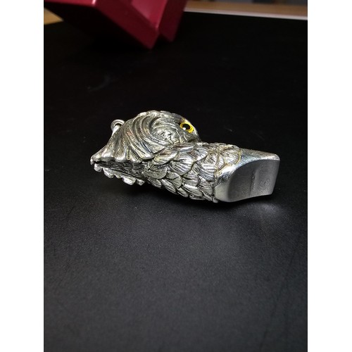 340 - A stunning sterling silver parrot head formed whistle featuring yellow glass eyes, beautifully cast ... 