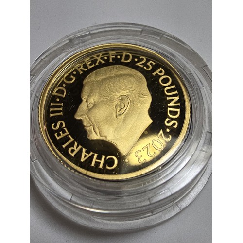 343 - The Royal mint Britannia 2023 UK 1/4 Oz (7.80g) gold proof coin £25 with King Charles III head, stru... 