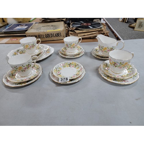 378 - An 18 piece Colclough partial tea set with a floral design consisting of 4x trios, 2x saucers and pl... 