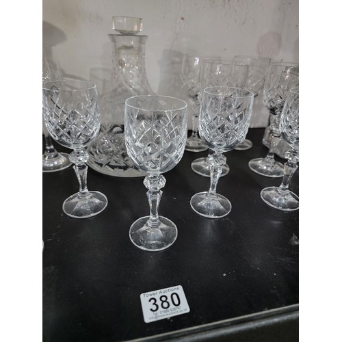 380 - Quantity of glassware to inc 2x glass crystal square decanters with stoppers along with a port decan... 