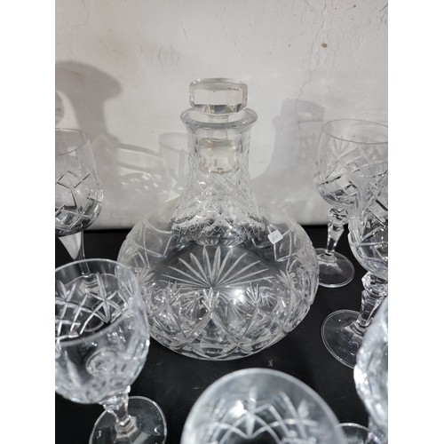 380 - Quantity of glassware to inc 2x glass crystal square decanters with stoppers along with a port decan... 